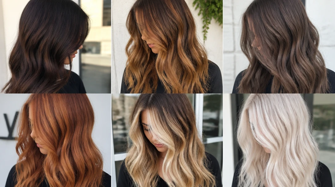 Photo collage of hair color levels and techniques from dark brown to pale blonde