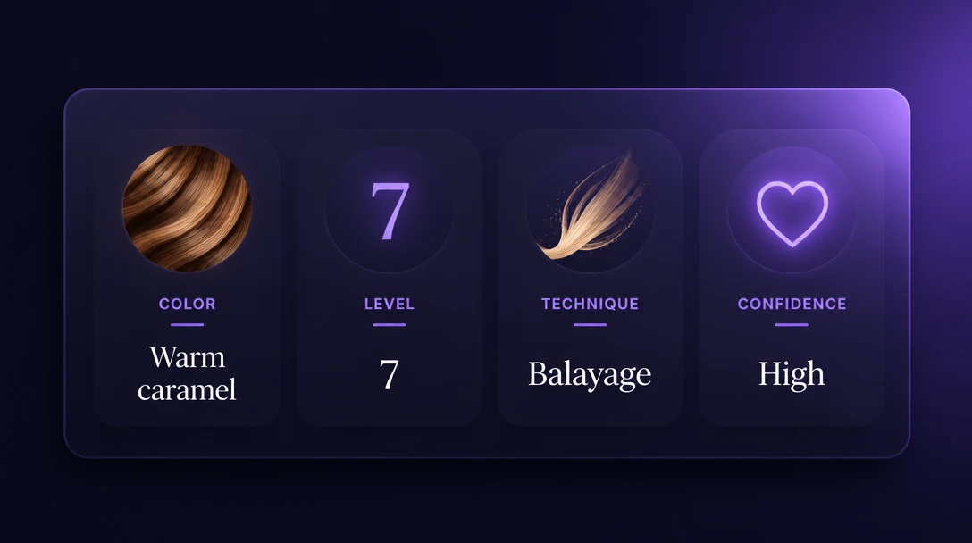 Four cards showing color name, level 7, balayage technique, and high confidence
