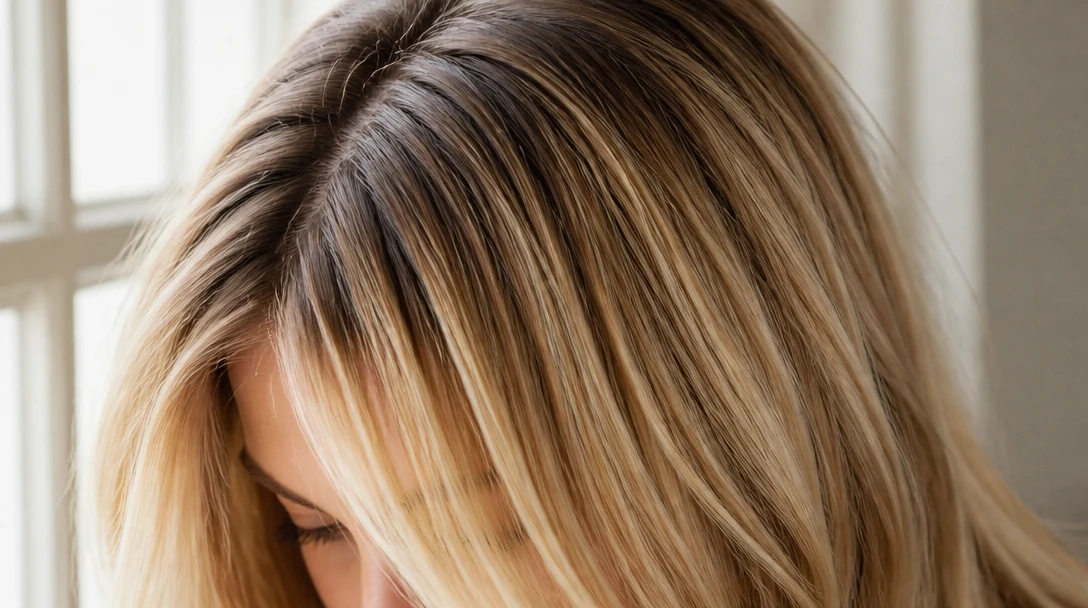Lived-in blonde with a soft root shadow in daylight