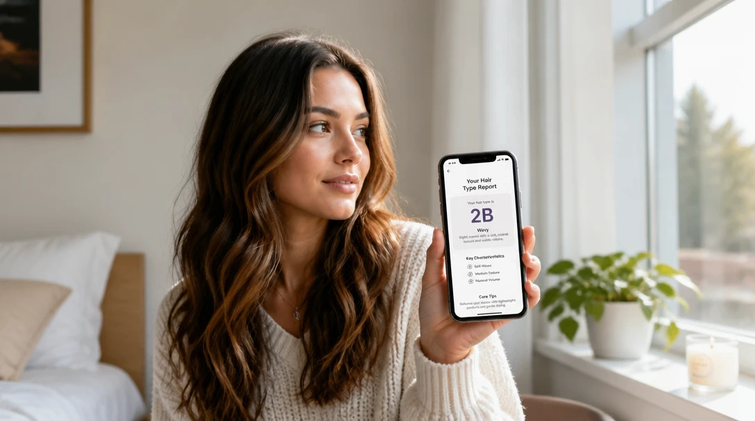 Person checking a phone that shows a hair type report with 2B waves and care steps