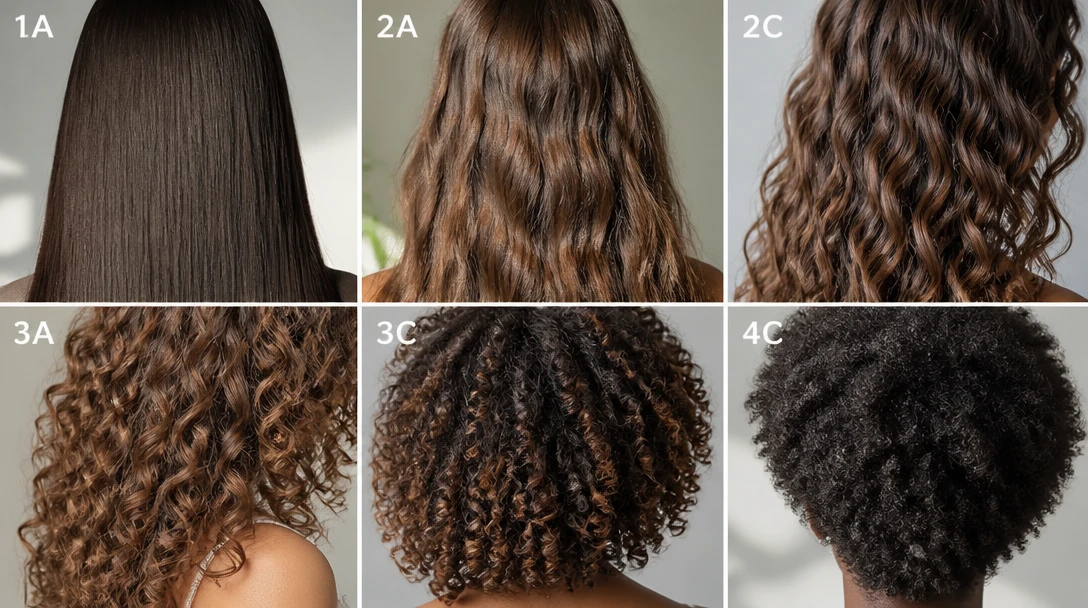 Photo collage of straight, wavy, curly, and coily hair types in daylight