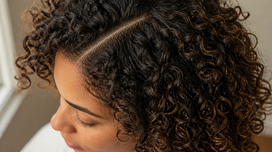 Close-up of dry curly hair in daylight showing curl pattern and a clean part