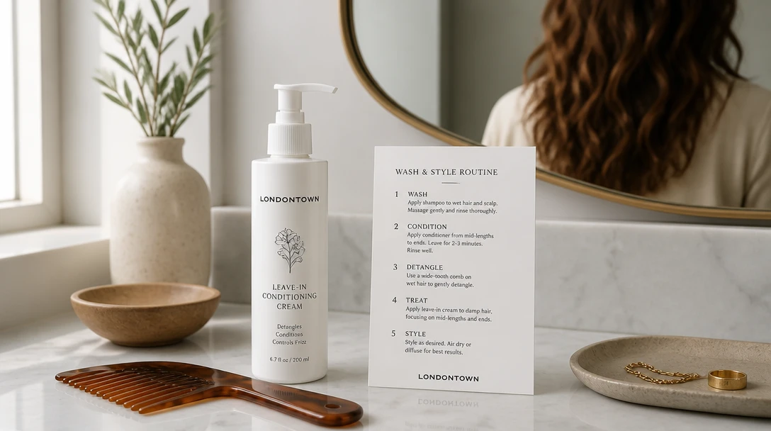 Hair-care bottles and a short wash and style routine card on a bathroom counter