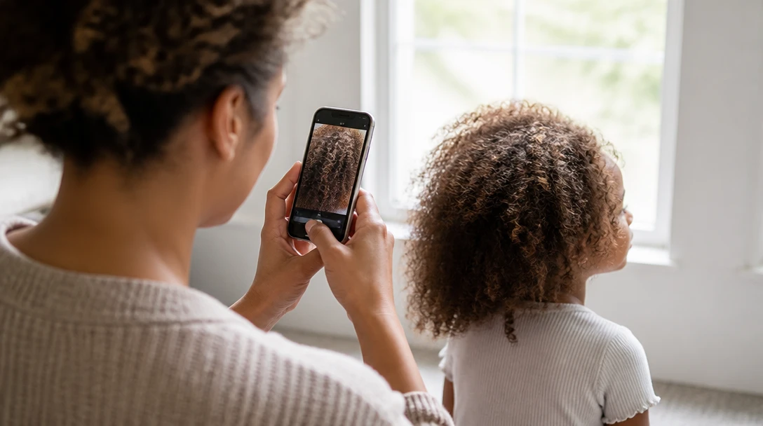 Parent photographing a child’s dry curly hair near a window