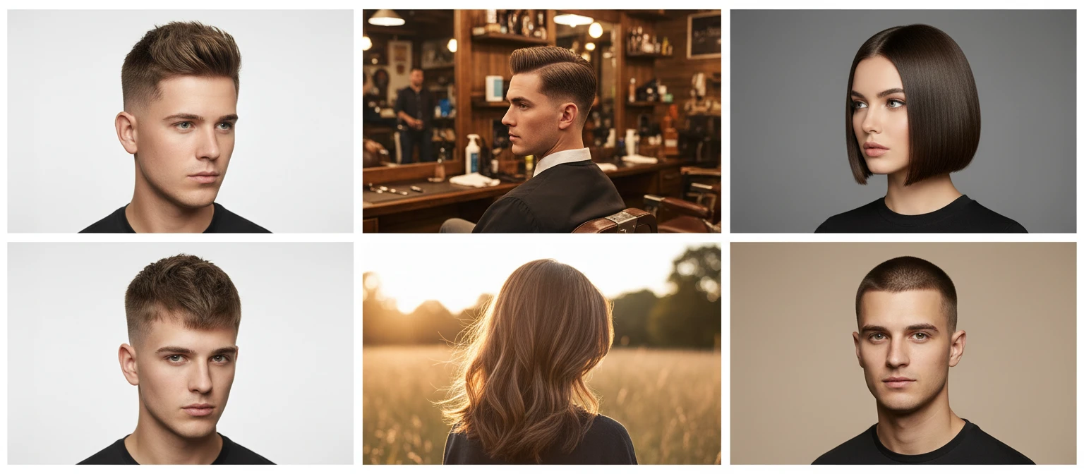 Photo collage grid of popular haircut categories showing skin fade, taper, bob, crop, textured top, and layered cut