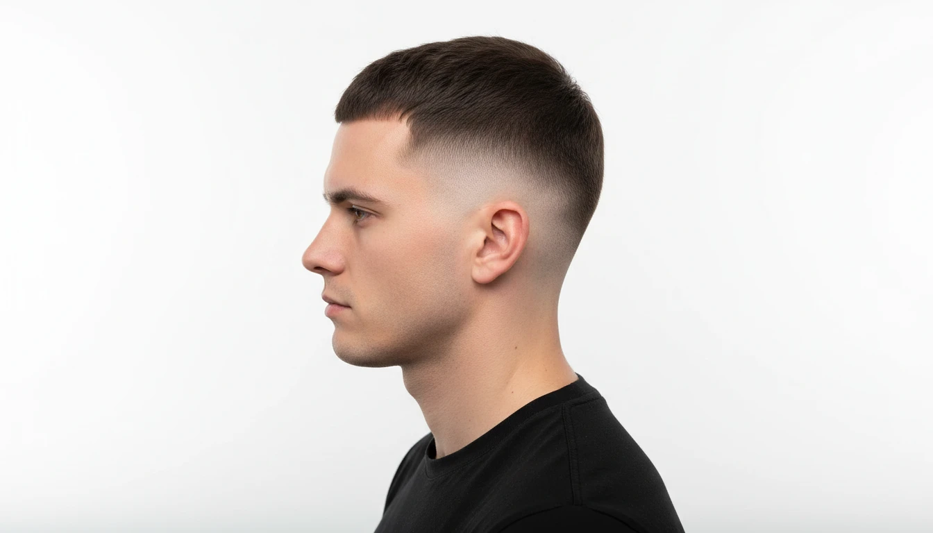 Side view of a high skin fade haircut showing the precise length graduation on the sides