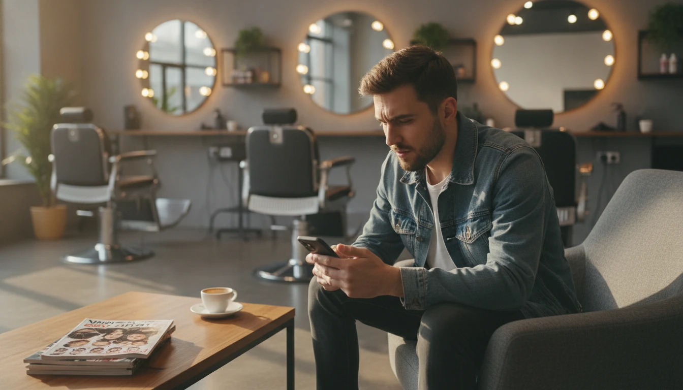 Person scrolling through haircut inspiration on a phone before a barber appointment