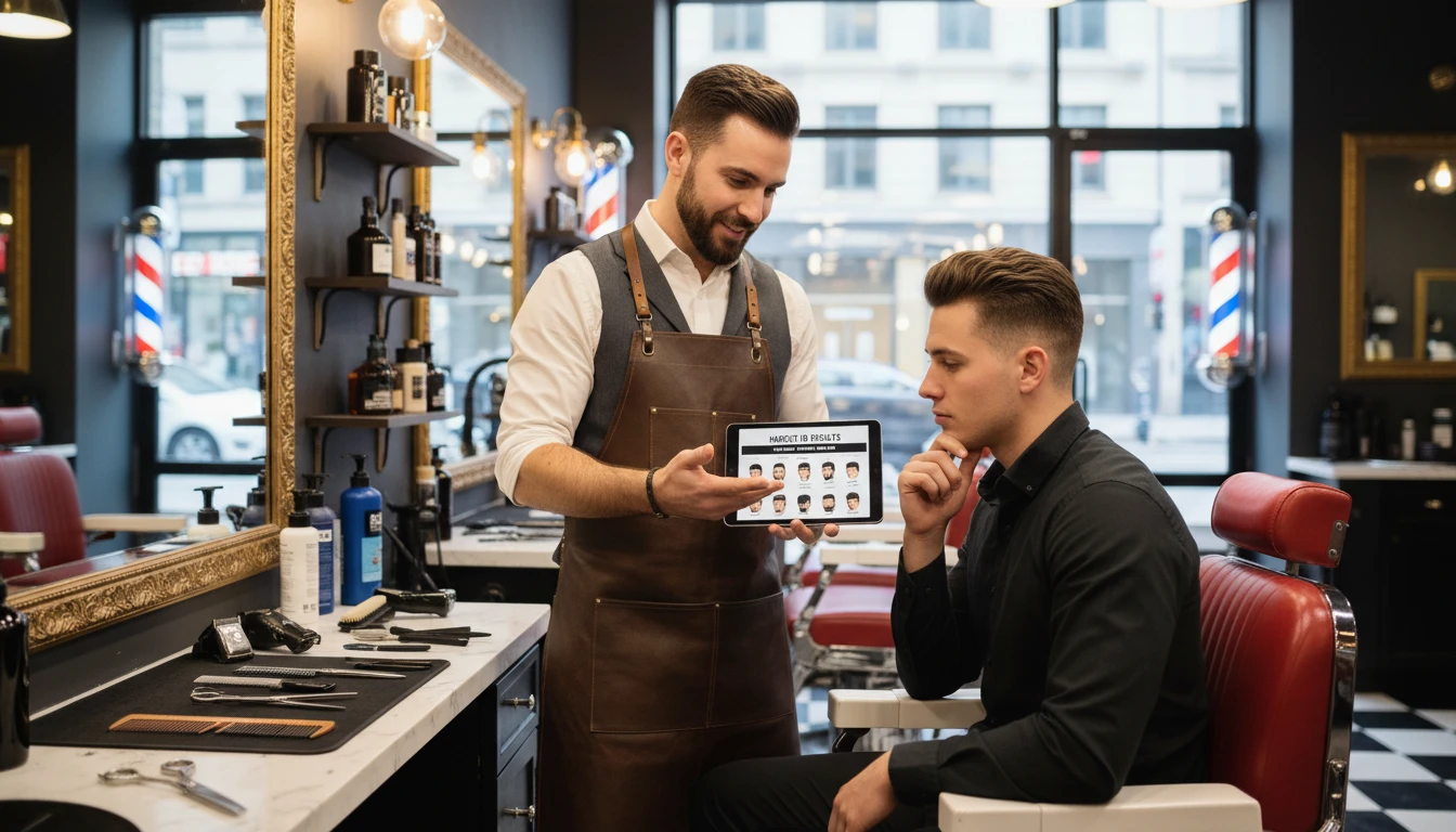 Barber consulting with a client over a haircut reference photo on a tablet