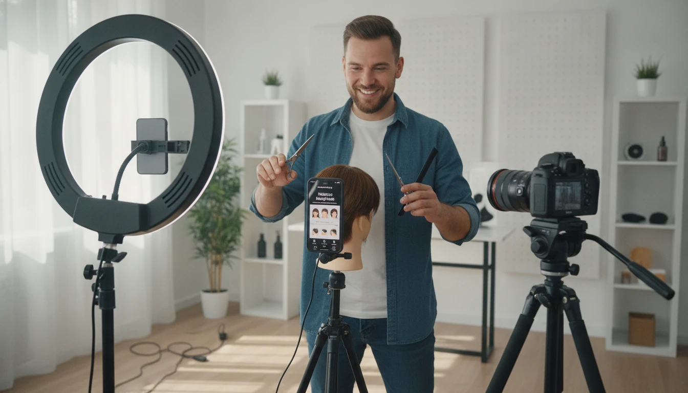 Grooming content creator filming a haircut identification tutorial in a studio