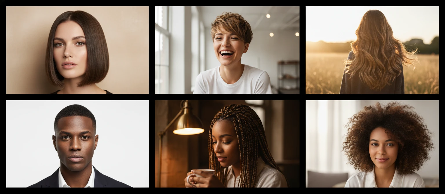 Photo collage of popular hairstyle categories including bob, pixie, layers, fade, braids, and curls
