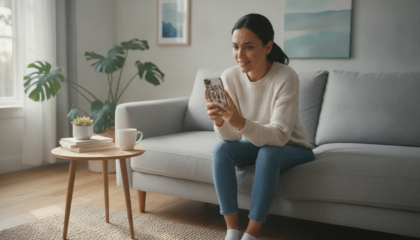 Person scrolling through hairstyle inspiration on a phone before a salon appointment