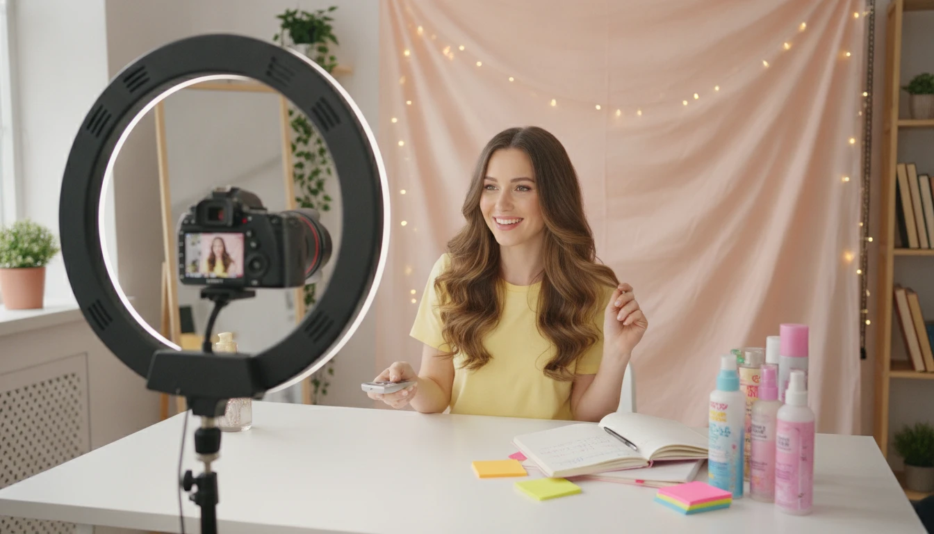 Beauty content creator filming a hairstyle review video in a well-lit studio setup