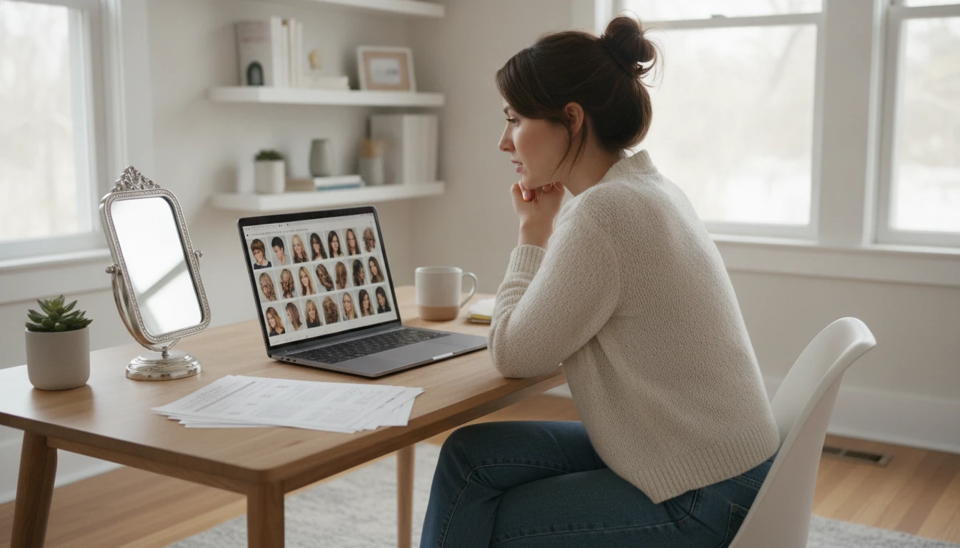 Person comparing different hairstyle options on a laptop to find the right cut for their face shape