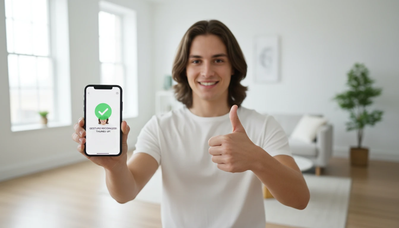 Person making a hand gesture in front of a camera for AI recognition