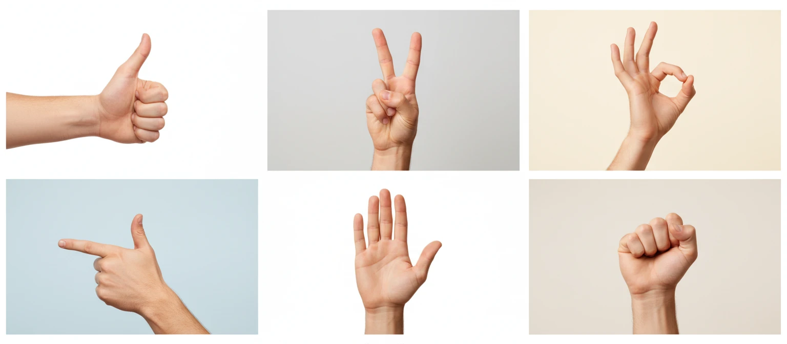 Photo collage grid of different hand gestures including thumbs up, peace sign, OK, pointing, and open palm
