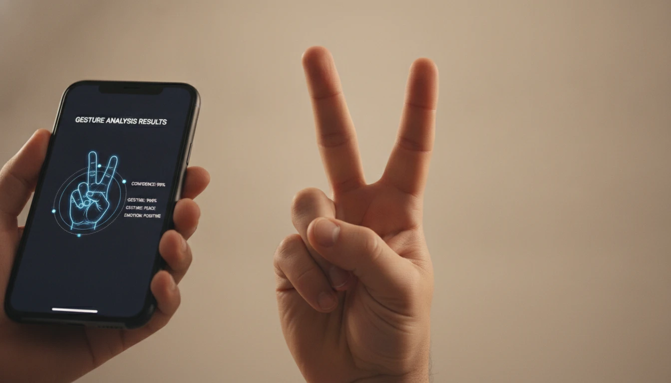 Close-up of a hand making a peace sign gesture being recognised by AI