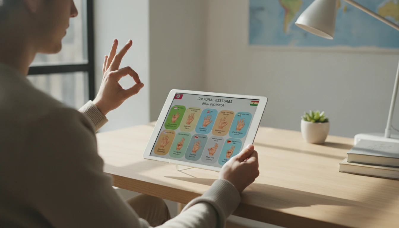 Hand making an OK sign gesture with cultural context information displayed nearby