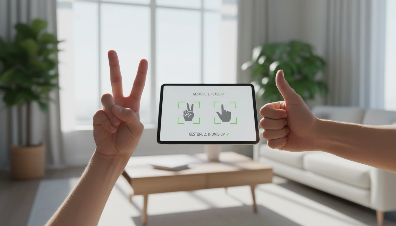 Two hands making different gestures simultaneously being analysed by AI