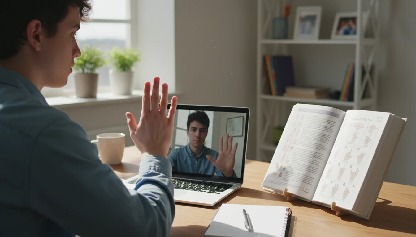 Student practising hand signs in front of a camera for sign language learning