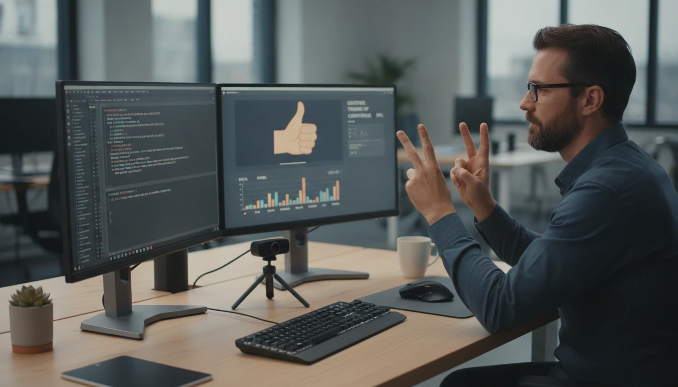 Developer testing gesture recognition results on a monitor at a coding workstation