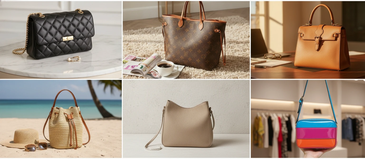 Photo collage of handbags from different brand tiers showing a range of styles and materials