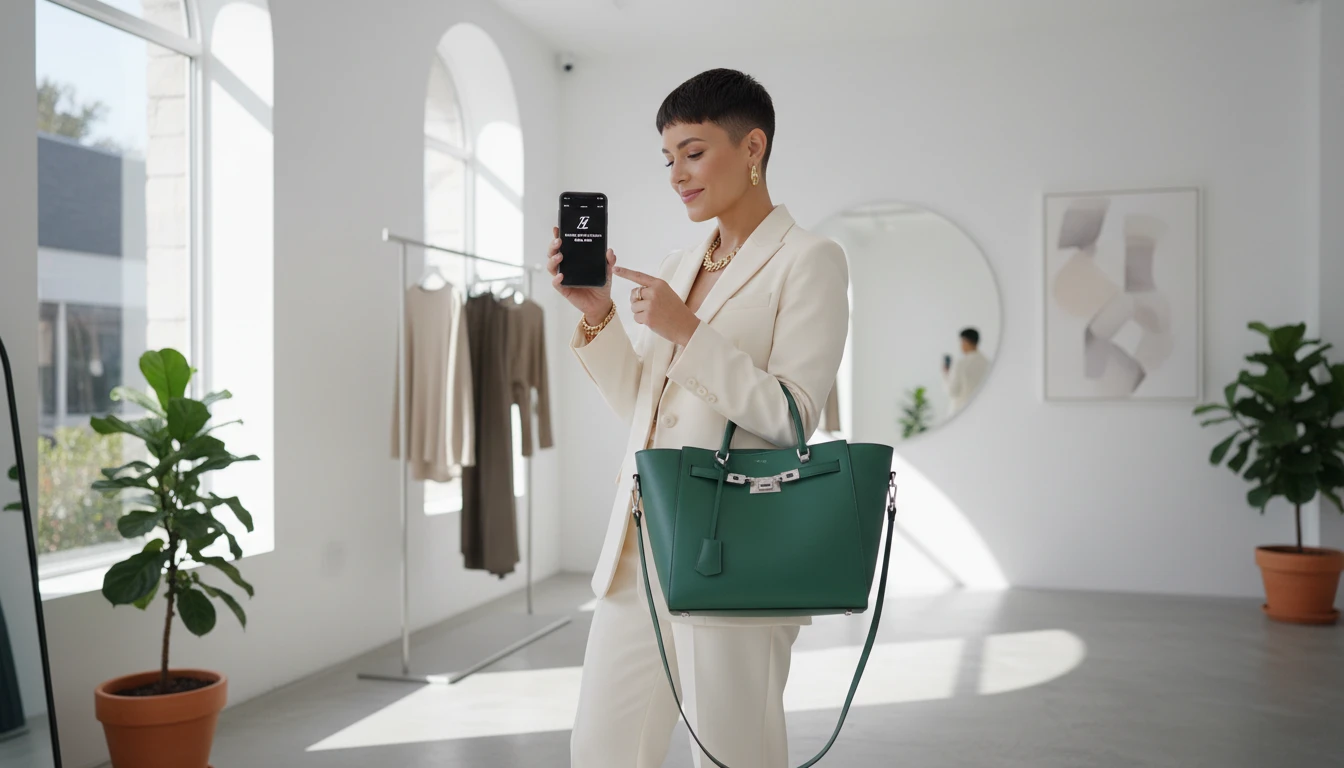 Person holding a designer handbag and looking at identification results on a phone