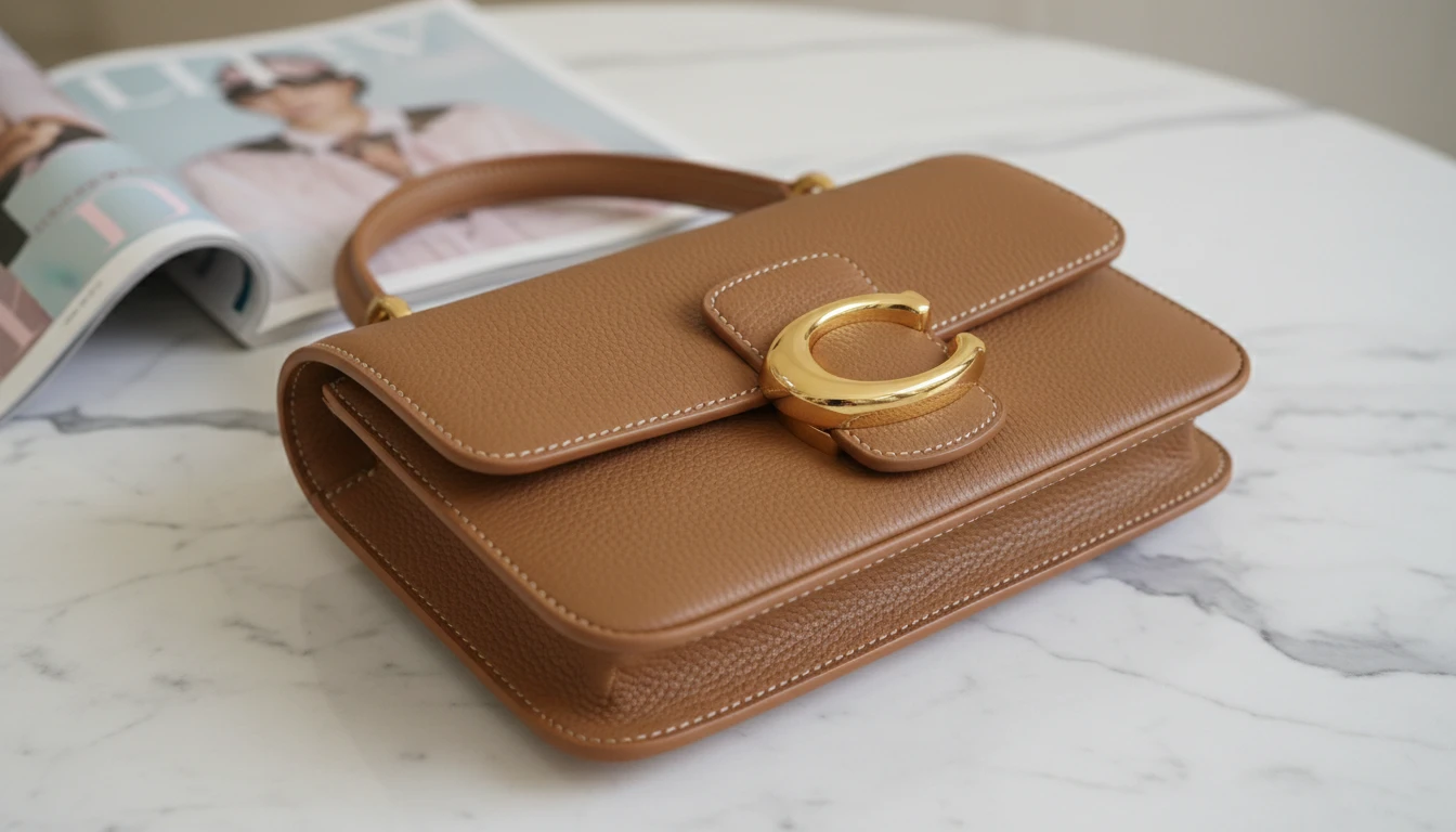 Close-up of a luxury handbag showing hardware details and stitching quality