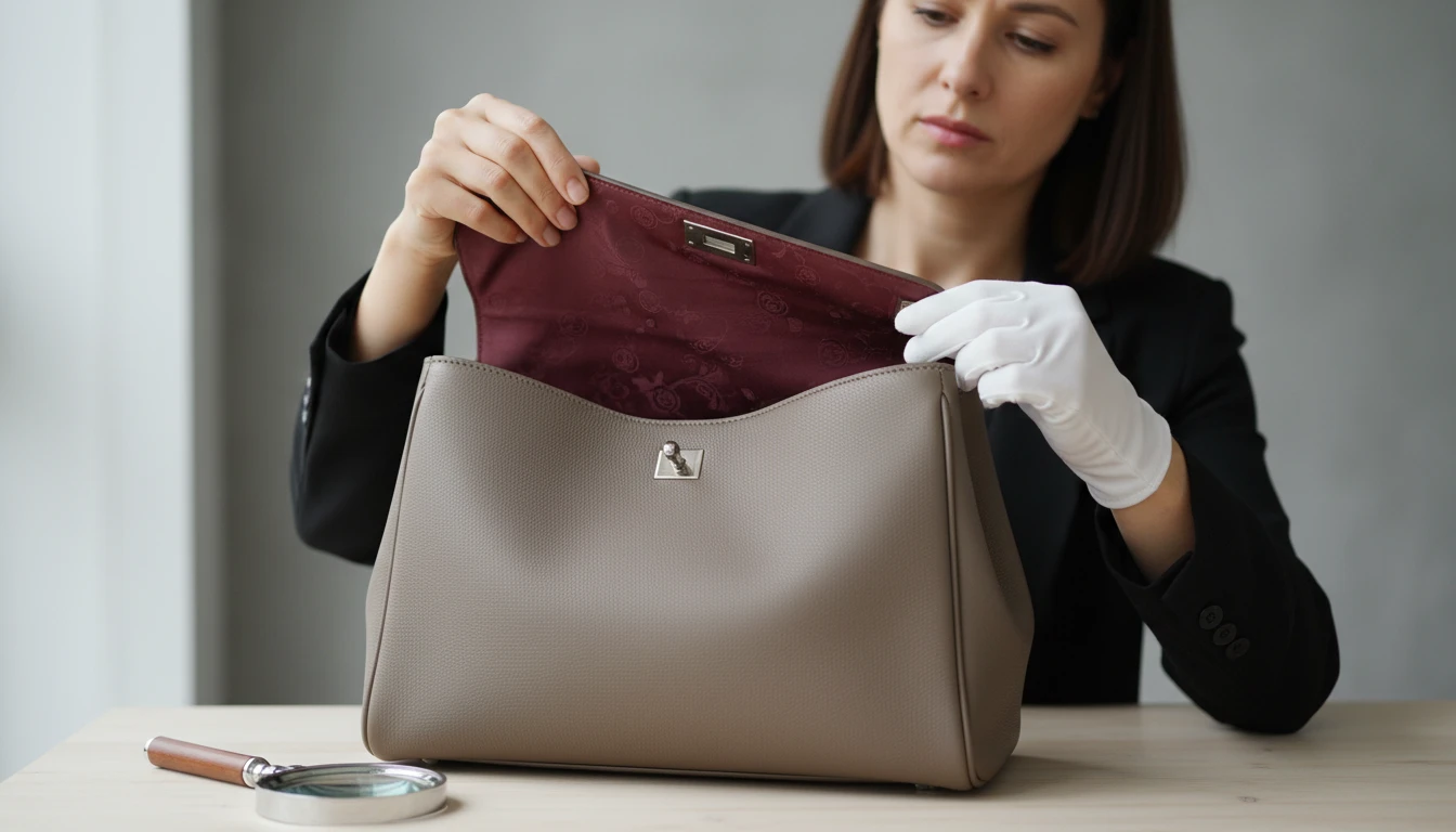 Person examining the interior of a luxury handbag to check authenticity markers