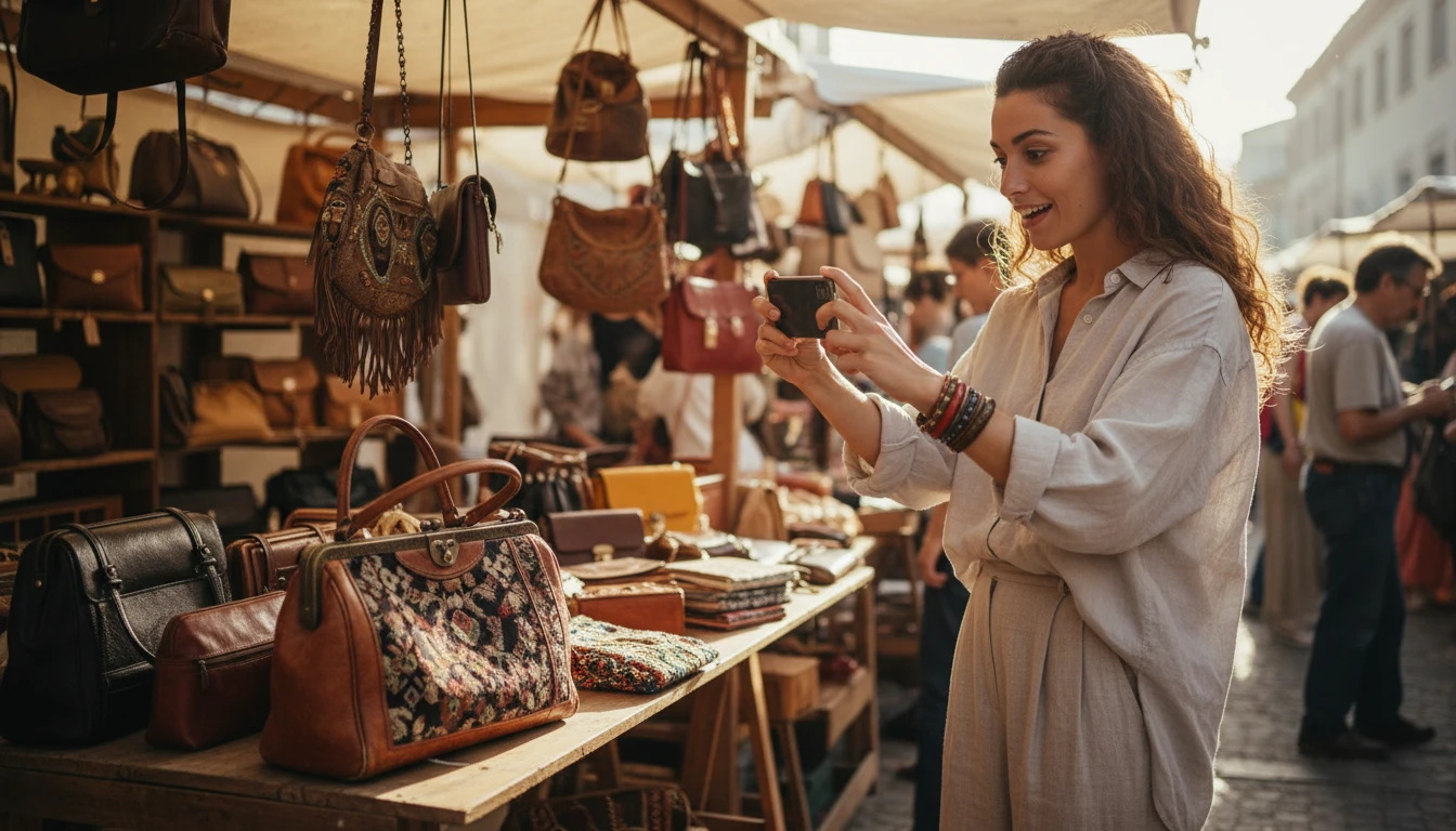 Fashion enthusiast at a vintage market photographing a handbag to identify the brand