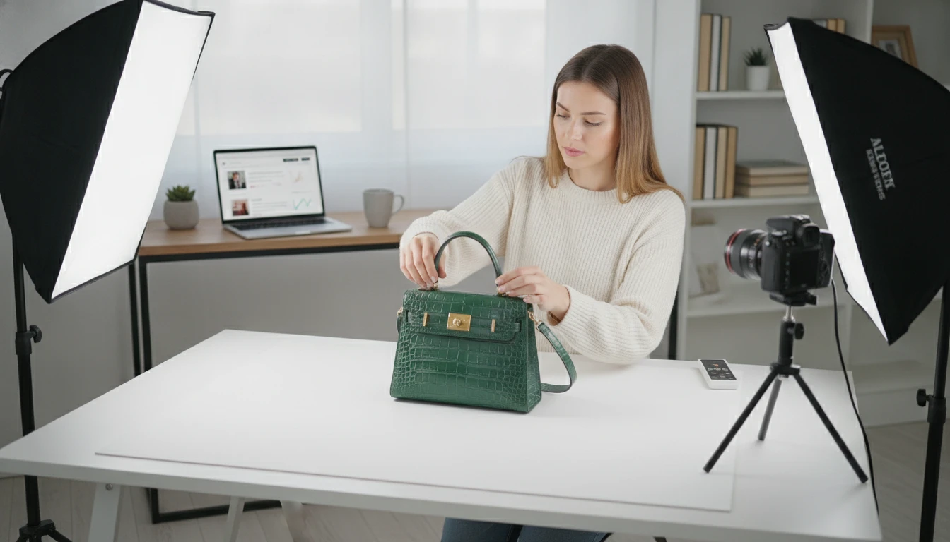 Reseller photographing a pre-owned luxury handbag for listing documentation