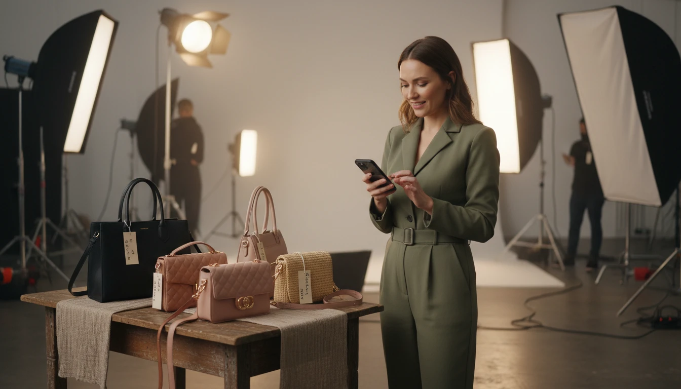 Fashion stylist reviewing handbag details on a phone during a photo shoot setup