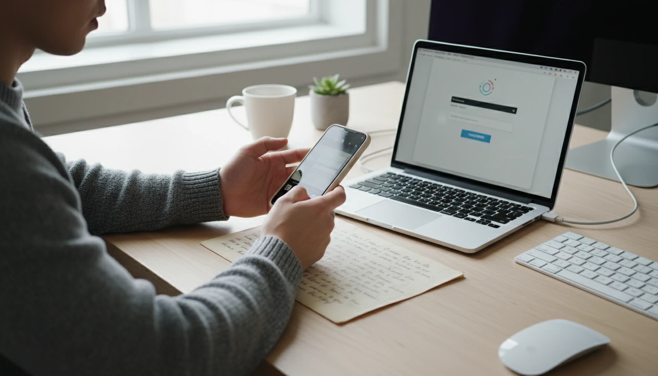 Person photographing a handwritten letter with a phone to transcribe it with an AI tool on a laptop