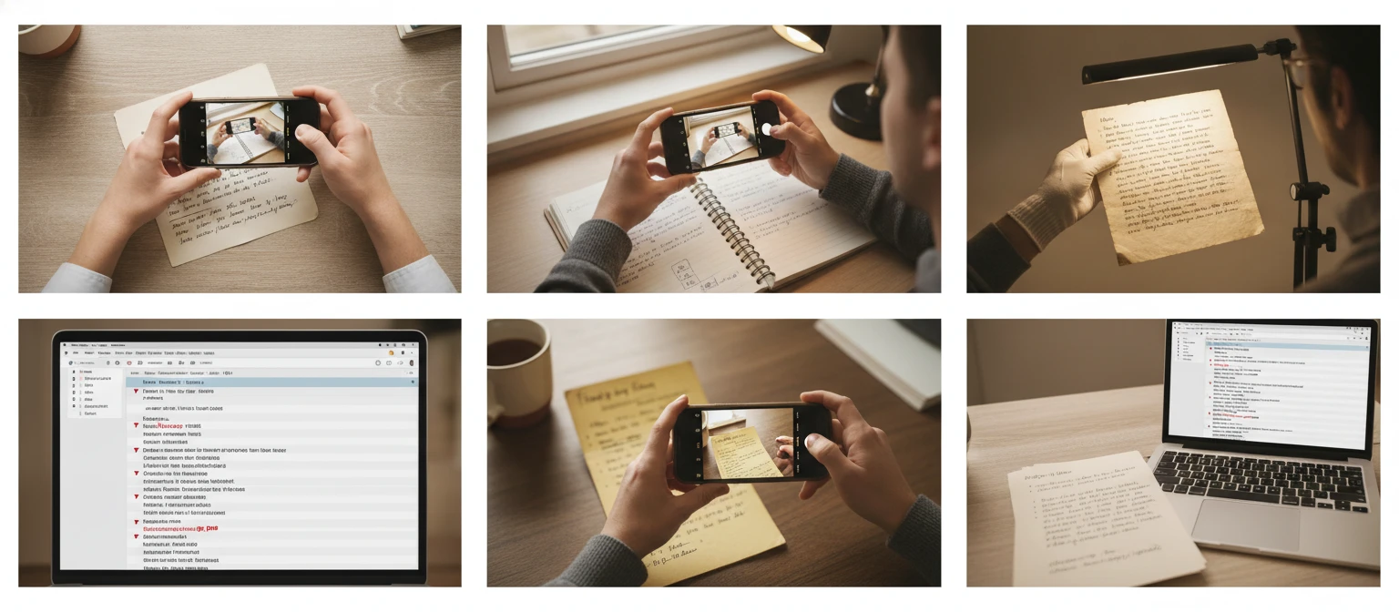 Wide editorial collage of people photographing and transcribing handwritten documents in various settings