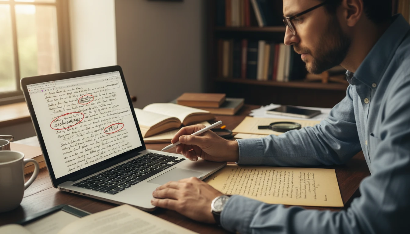 Researcher at a desk reviewing a handwriting transcription with illegibility flags highlighted on a laptop