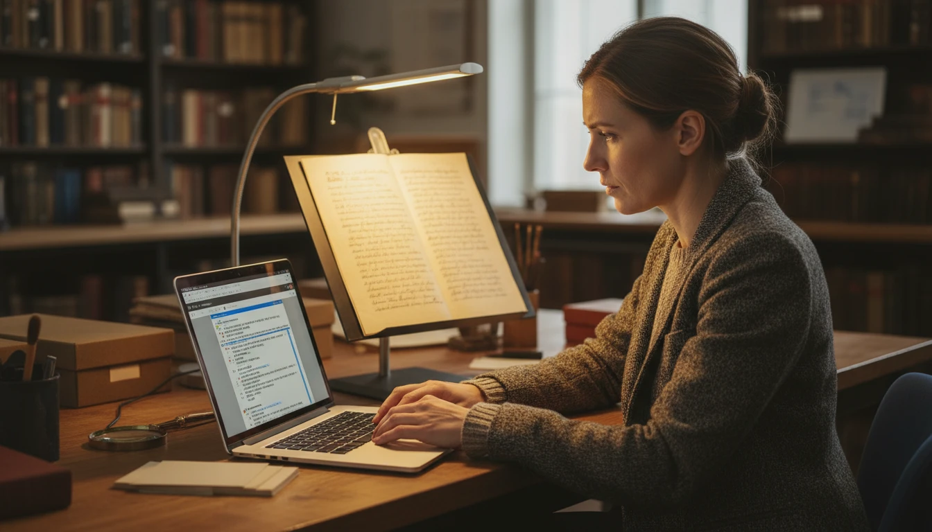 Archivist at a desk transcribing an old handwritten historical document using an AI tool on a laptop