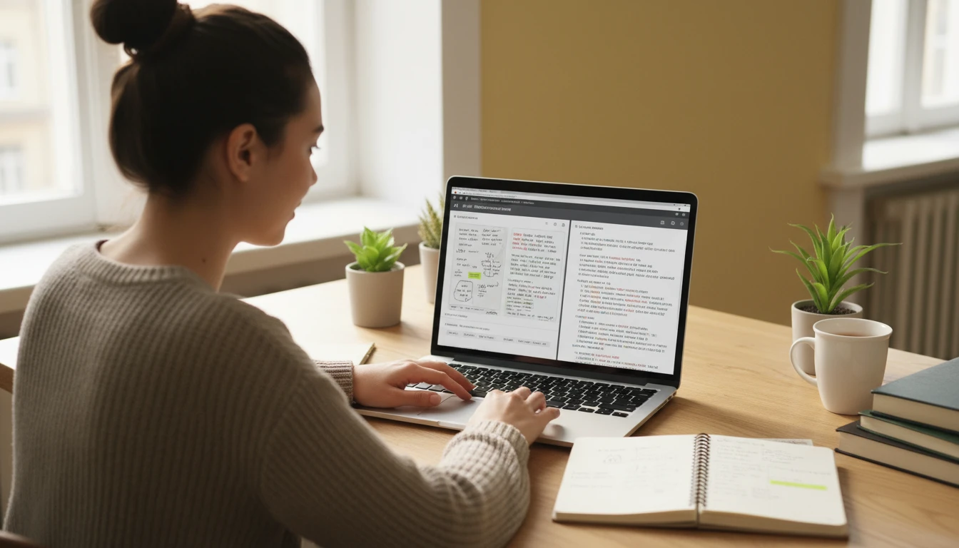 Student at a desk digitizing handwritten lecture notes with an AI transcription tool on a laptop