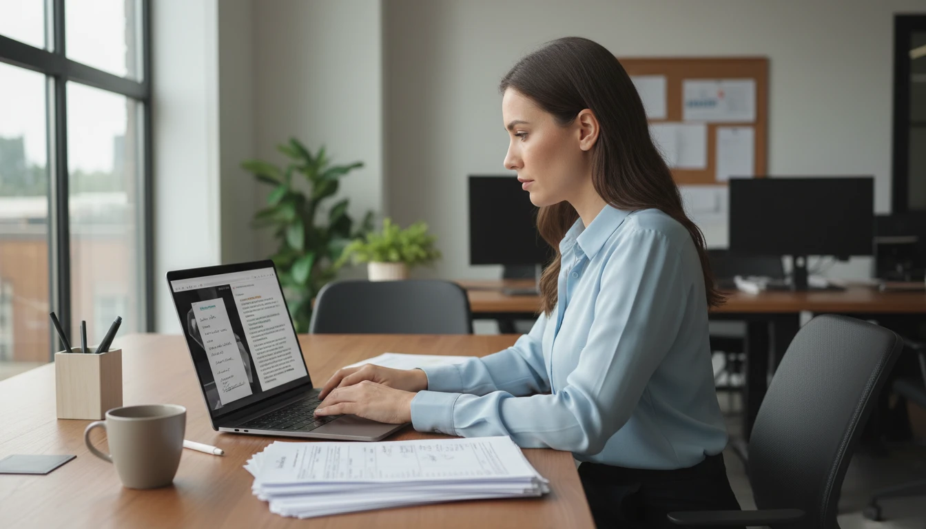 Administrator at a desk transcribing a stack of handwritten forms using the AI tool on a laptop