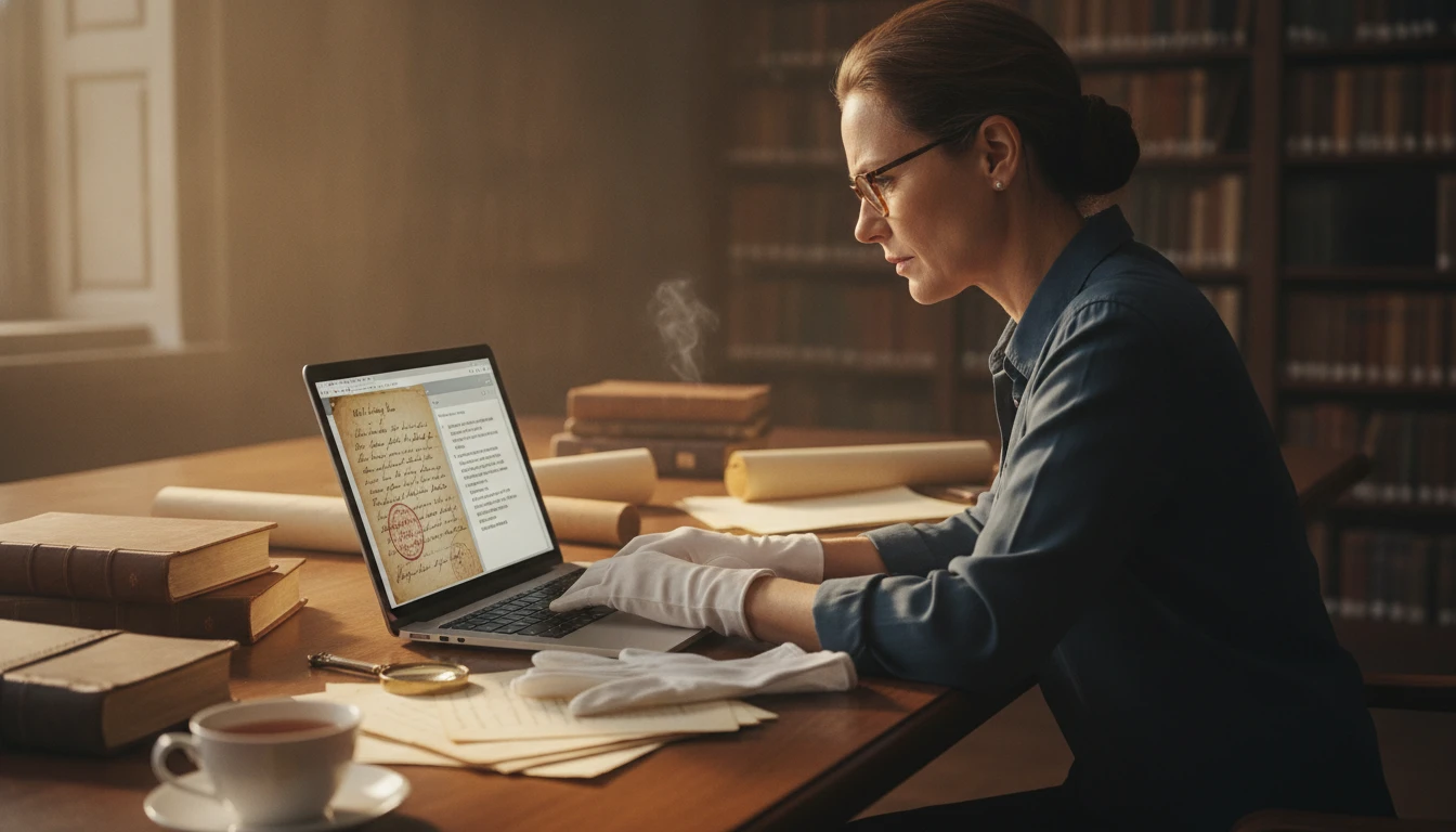 Historian at a desk transcribing an old handwritten letter using an AI tool at a research institution