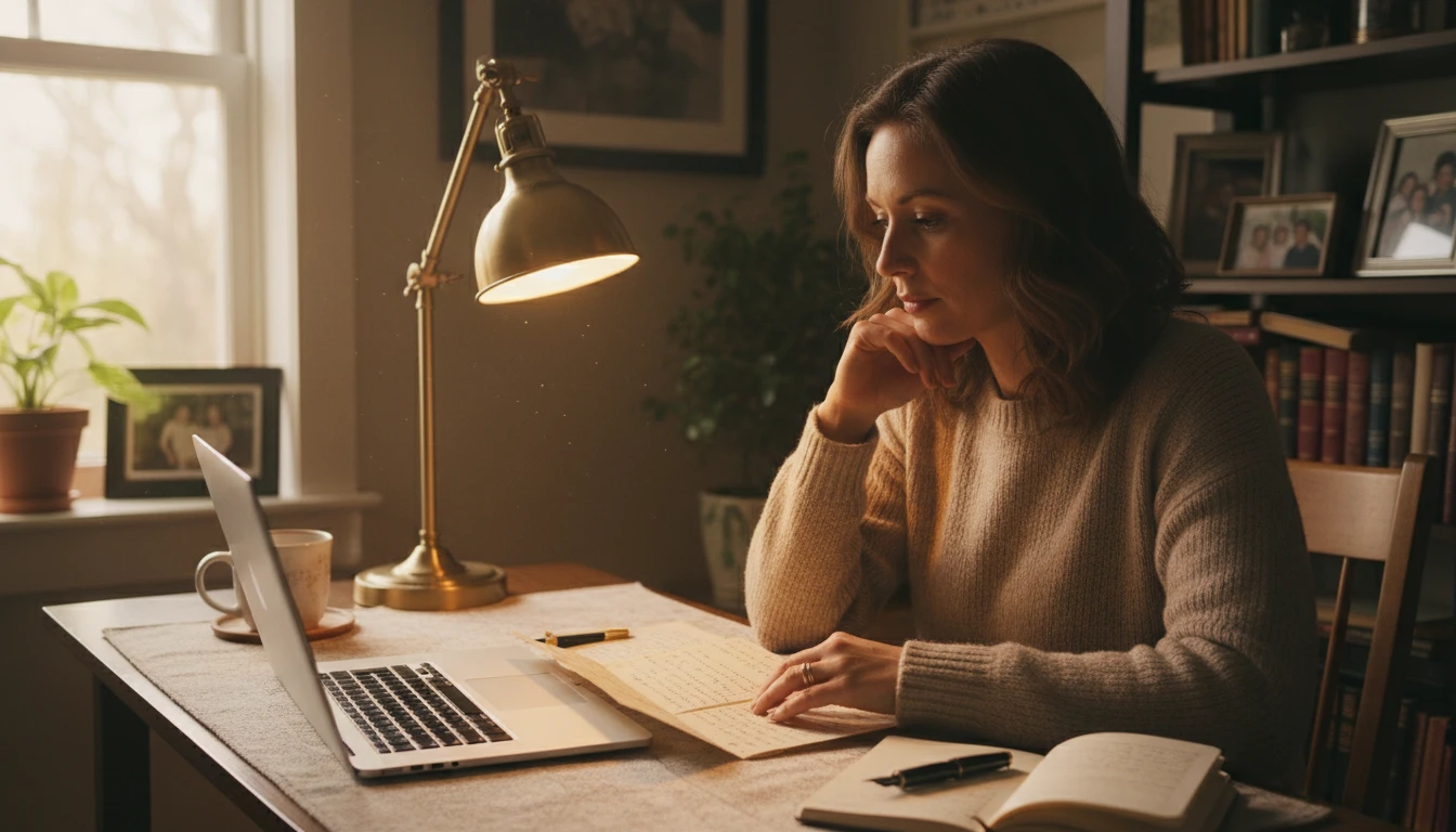 Person at home transcribing an old handwritten family letter for a digital archive on a laptop