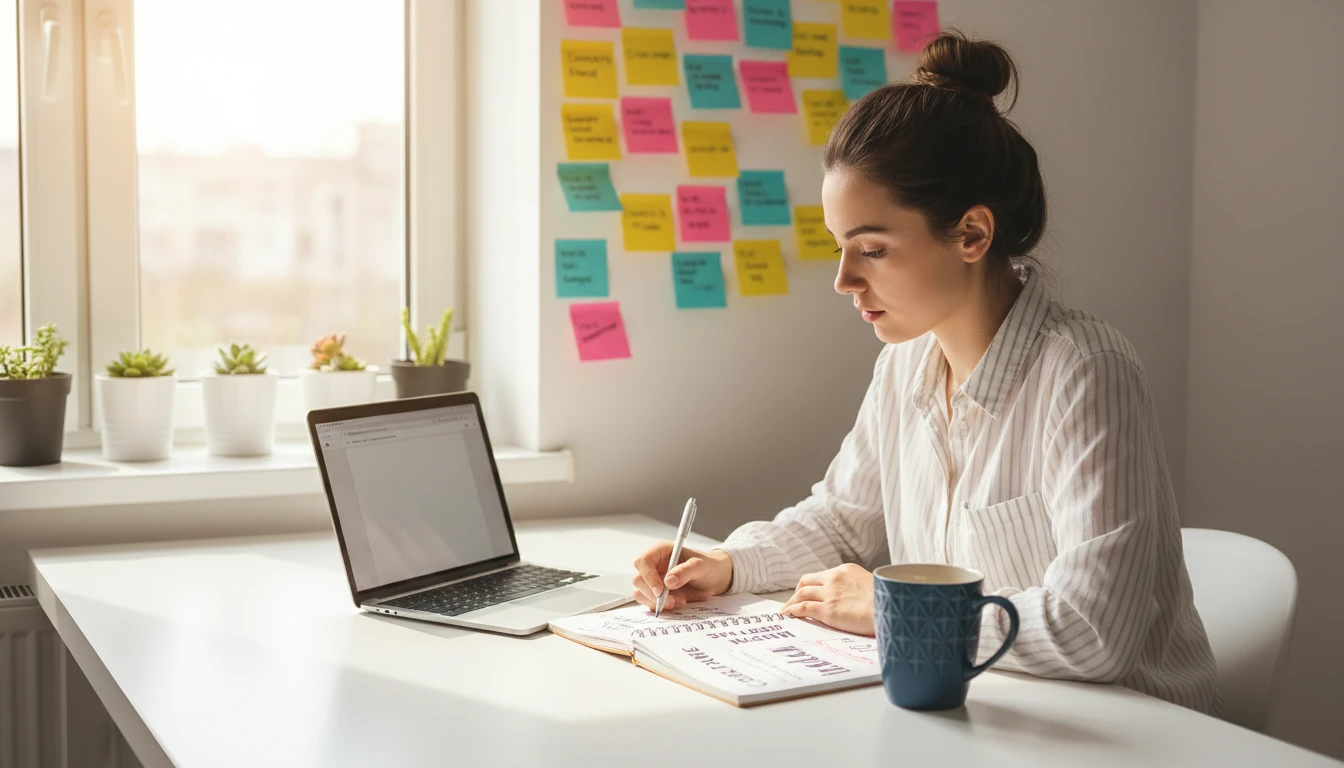 Content creator writing headlines and blog titles at a bright modern workspace