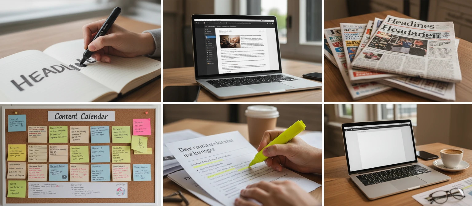 Editorial and content creation workspace showing headlines being crafted and refined