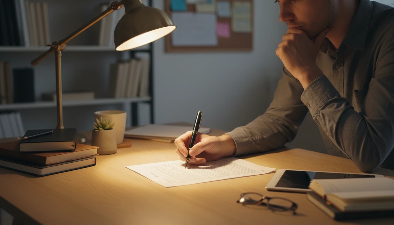 Writer reviewing a list of headline options on a laptop screen