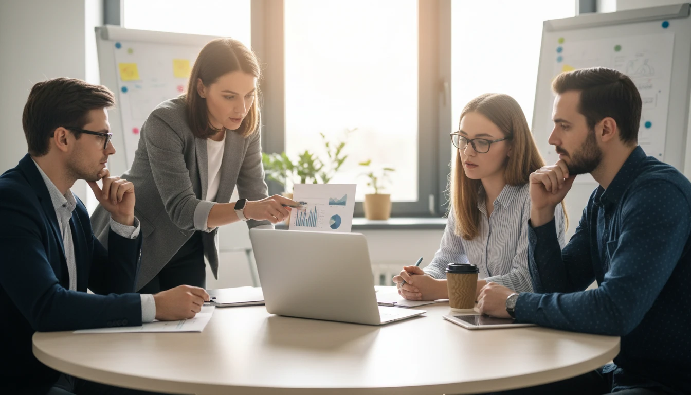 Marketing team reviewing content performance data and headline testing results