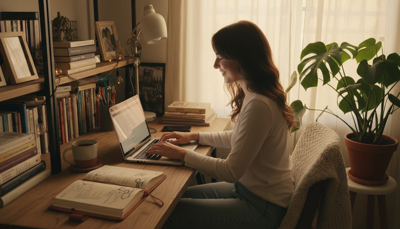 Blogger brainstorming article titles at a home office desk