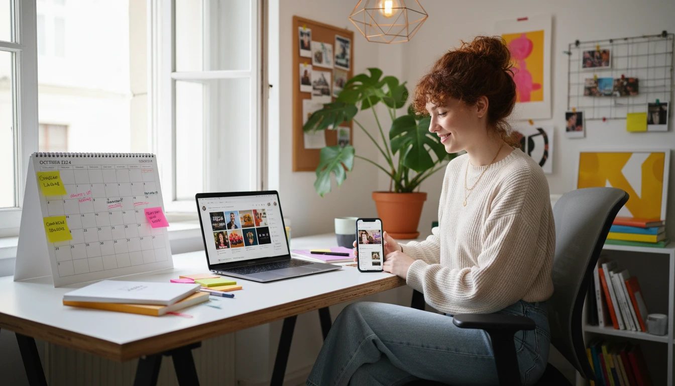 Social media manager planning content on multiple device screens