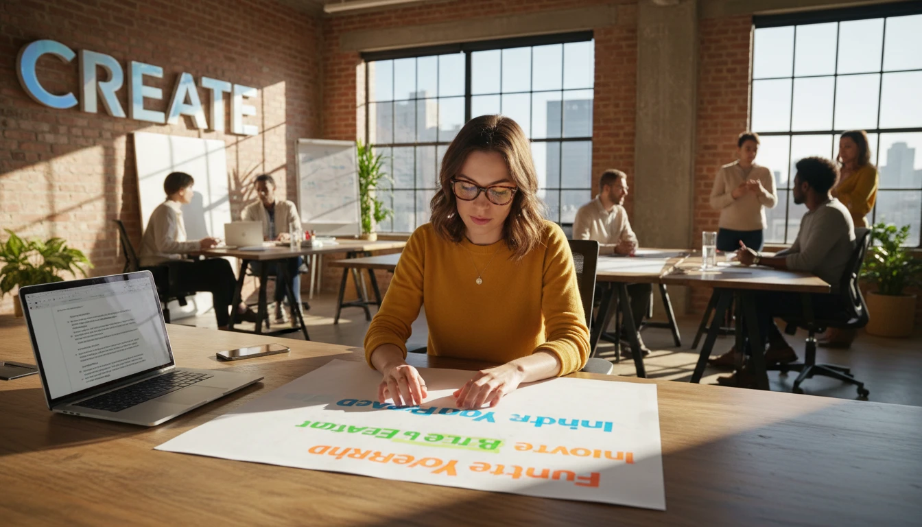 Copywriter reviewing headline options for a client campaign brief