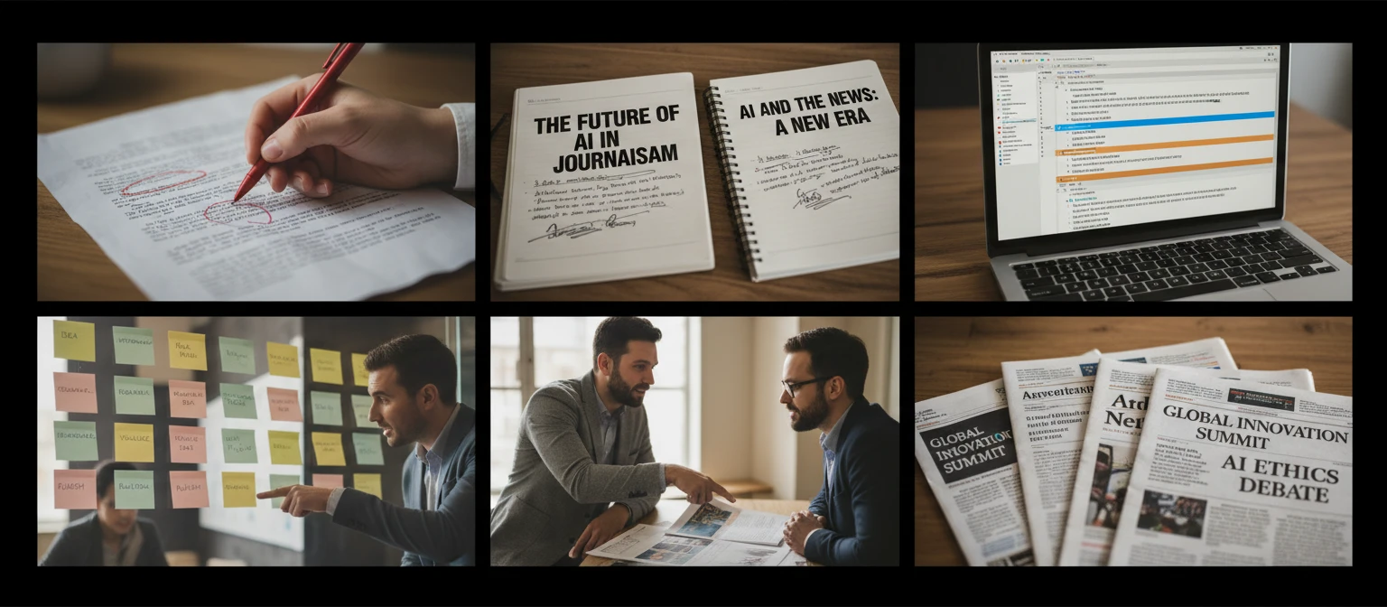 Editorial workspace showing headline variations being compared and refined across multiple documents