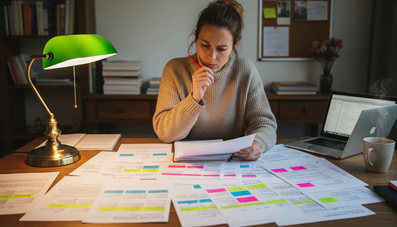 Writer comparing different headline structures and approaches on paper