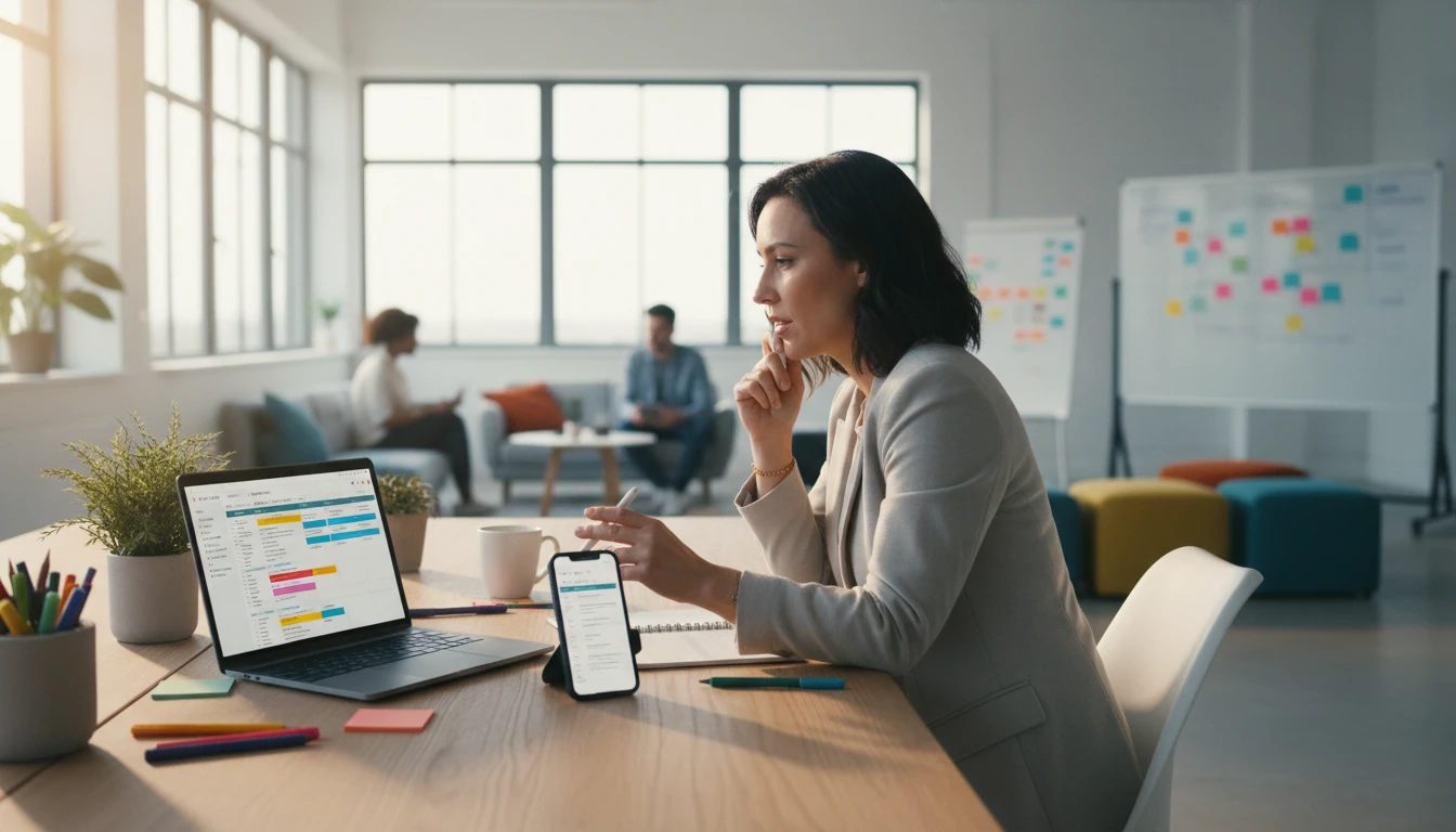 Social media manager reviewing content variations adapted for different platforms on multiple screens