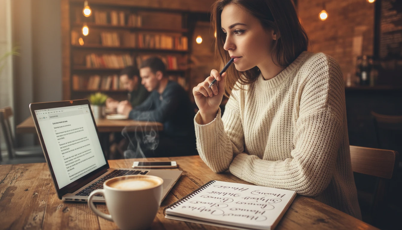 Blogger reviewing headline options for a blog post on a laptop at a cafe